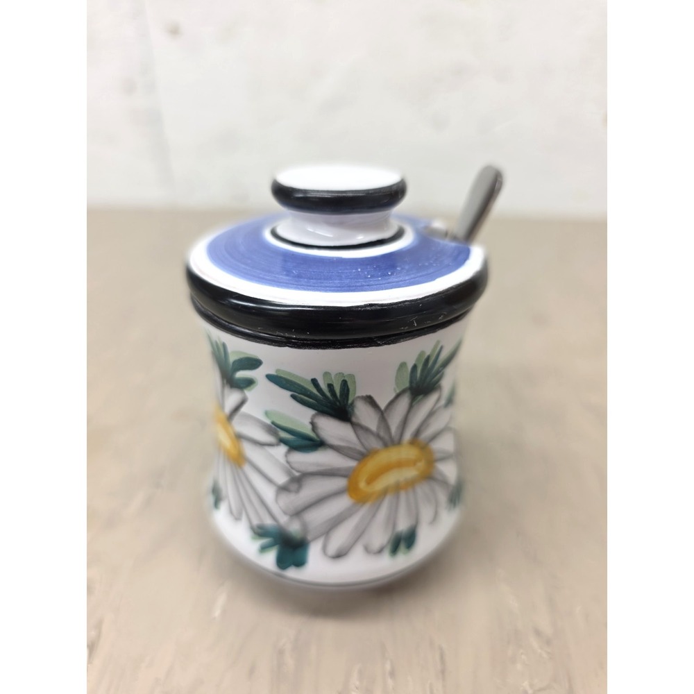 Vintage Danish MCM‎ Fuglsminde Hand-Painted Ceramic Daisy Jam Jar Pot with Spoon